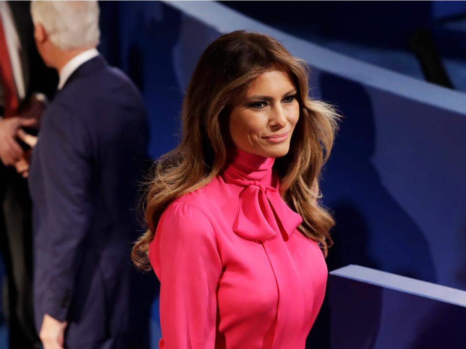 Melania Trump wears a pink pussy bow shirt to the second presidential debate in 2016