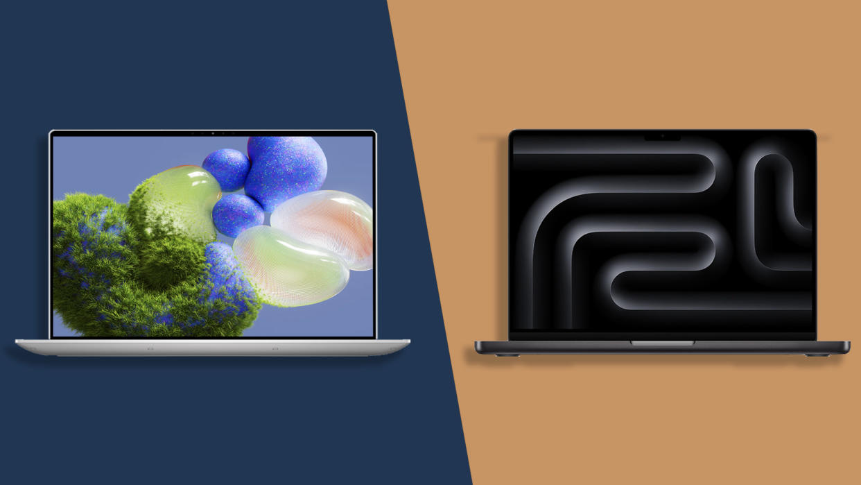 An XPS 14 vs MacBook Pro 14 against a two-tone techradar background. 