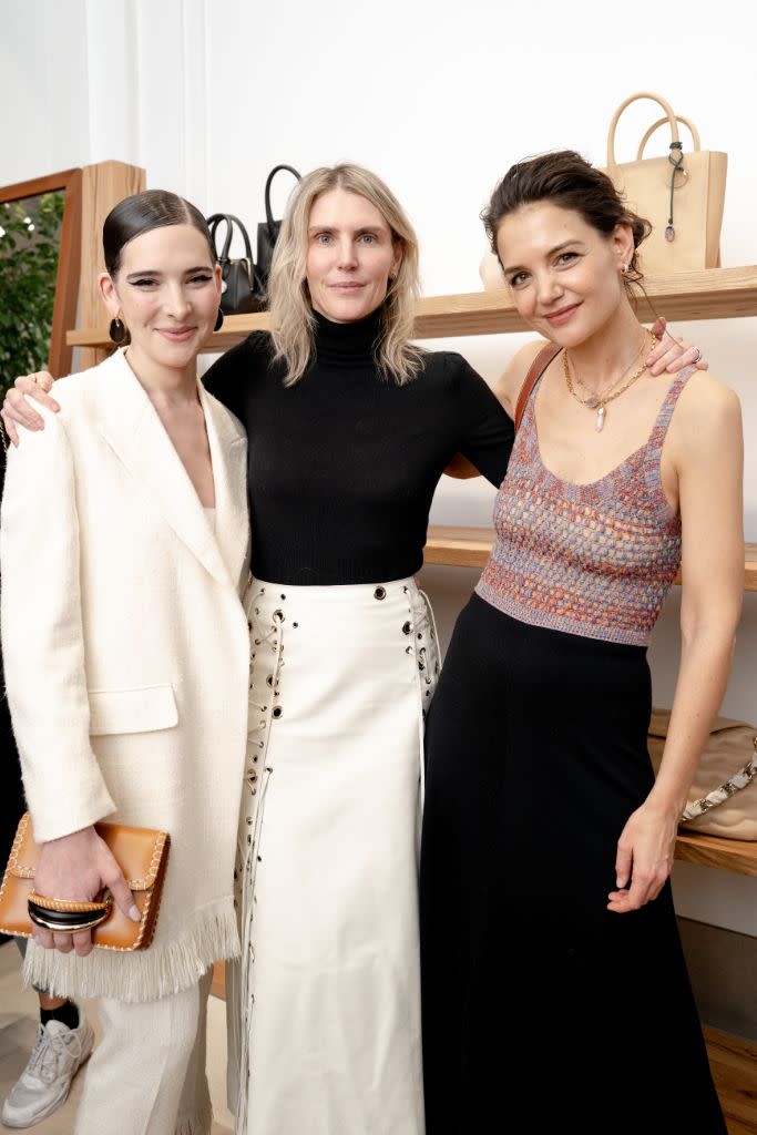 From left: Hari Nef, Chloé creative director Gabriela Hearst and Katie Holmes at the unveiling of the brand’s refreshed Soho boutique Thursday night. - Credit: Courtesy of Chloé