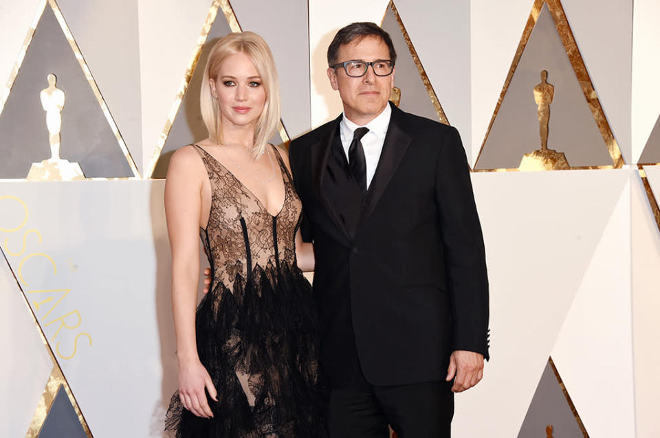 Jennifer Lawrence and director David O. Russell attend the 88th Annual Academy Awards at the Dolby Theatre on February 28, 2016, in Hollywood, California.