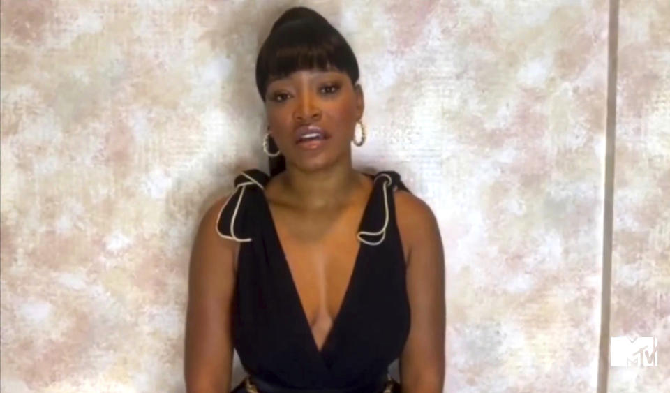 In this video grab issued Sunday, Aug. 30, 2020, by MTV, host Keke Palmer talks about late actor Chadwick Boseman during the MTV Video Music Awards. (MTV via AP)