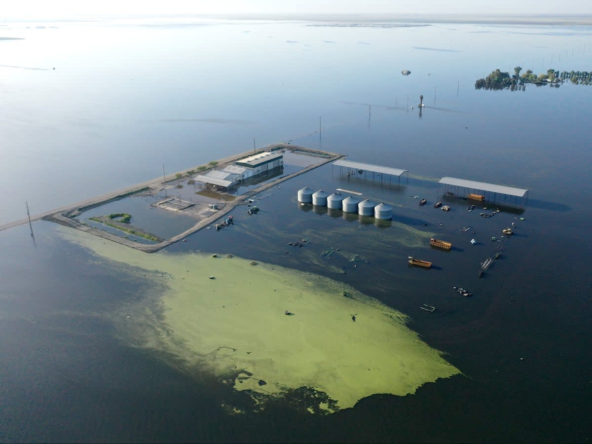 An aerial view of floodwaters inundating farmland in the reemerging Tulare Lake, in California (Getty Images)