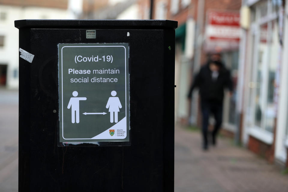 Social distancing signage in Grantham, Lincolnshire, the morning after Prime Minister Boris Johnson ordered a new national lockdown for England which means people will only be able to leave their homes for limited reasons, with measures expected to stay in place until mid-February.