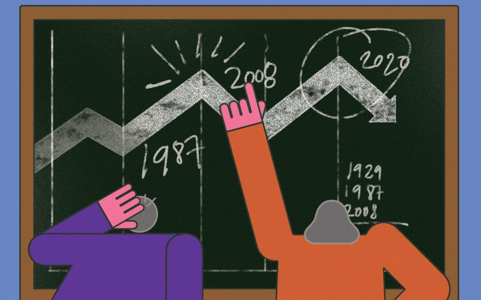 Two people look at investment graph cartoon