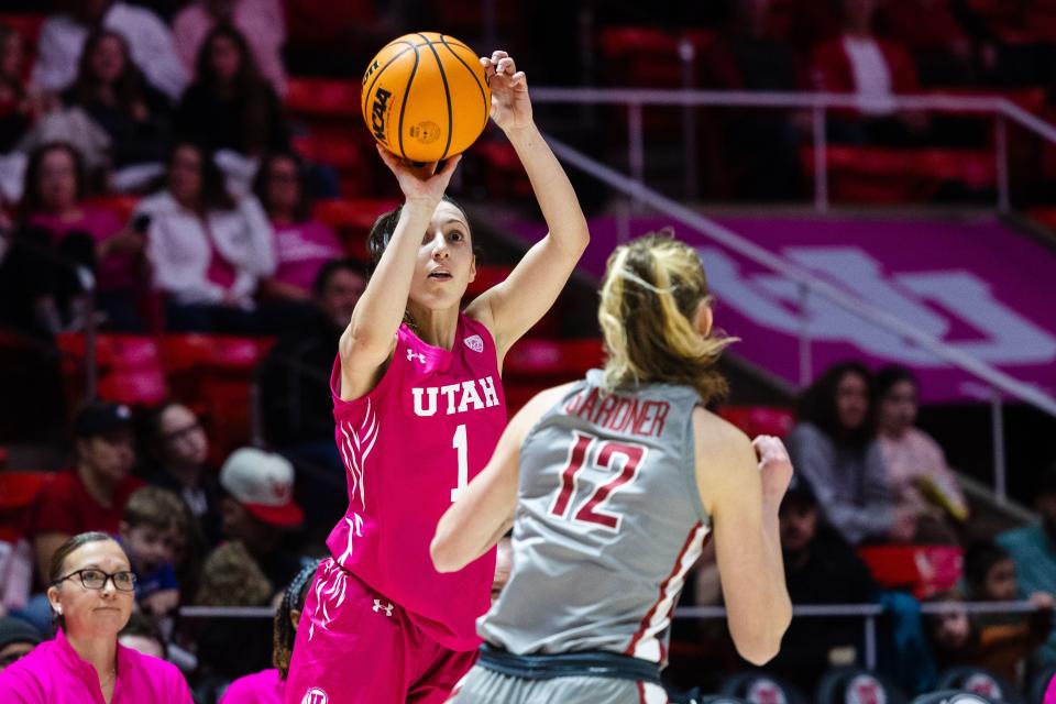 Utah Utes guard Isabel Palmer (1) shoots the ball during an NCAA women’s basketball game at the Huntsman Center in Salt Lake City on Sunday, Feb. 12, 2023. Palmer was among a large contingent of Utah student-athletes who graduated in 2022-23. | Ryan Sun, Deseret News