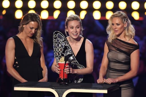 Brie Larsen added to the Marvel superheroes' haul by picking up the best fight award, praising her stunt workers as the "living embodiment of Captain Marvel" as she brought them up on stage