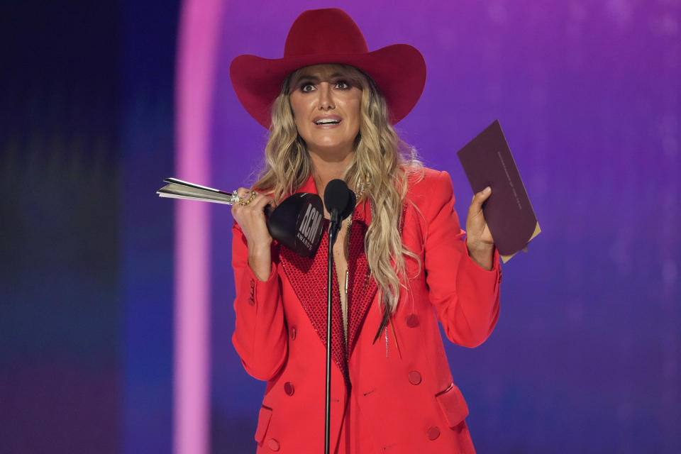 Lainey Wilson accepts the award for entertainer of the year during the 59th annual Academy of Country Music Awards on Thursday, May 16, 2024, at the Ford Center in Frisco, Texas. (AP Photo/Chris Pizzello)