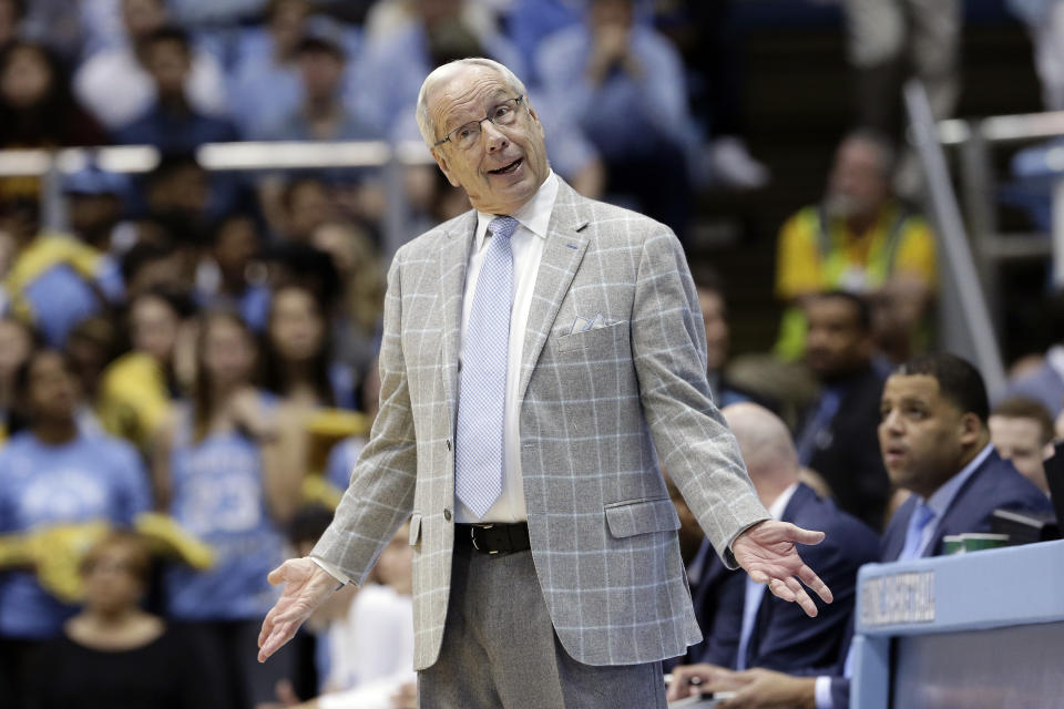 North Carolina head coach Roy Williams reacts during the second half of an NCAA college basketball game against Miami in Chapel Hill, N.C., Saturday, Jan. 25, 2020. (AP Photo/Gerry Broome)