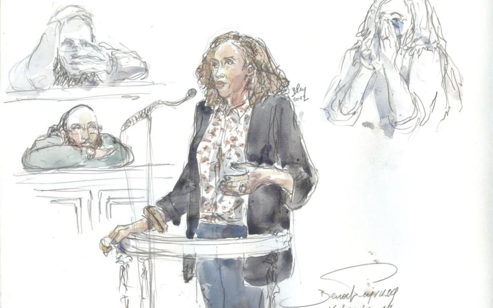 Usually the only images allowed to be printed from within courtrooms are sketches, such as this one showing a woman testifying in 2017 over the 2012 Toulouse terror shootings - BENOIT PEYRUCQ /AFP