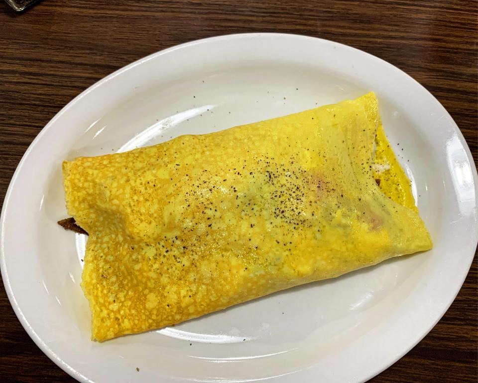 The (very unassuming) gyro omelet at Santorini Family Restaurant, in Cheviot.