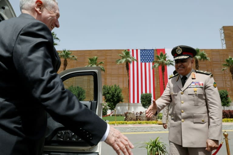 Egyptian Defence Minister Sedki Sobhy welcomes Pentagon chief James Mattis to Cairo talks on April 20, 2017