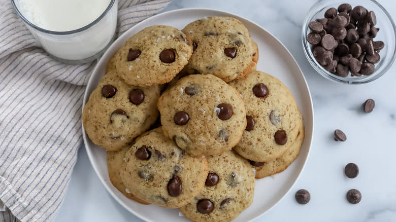 overhead shot of chocolate chip quinoa cookies on a plate