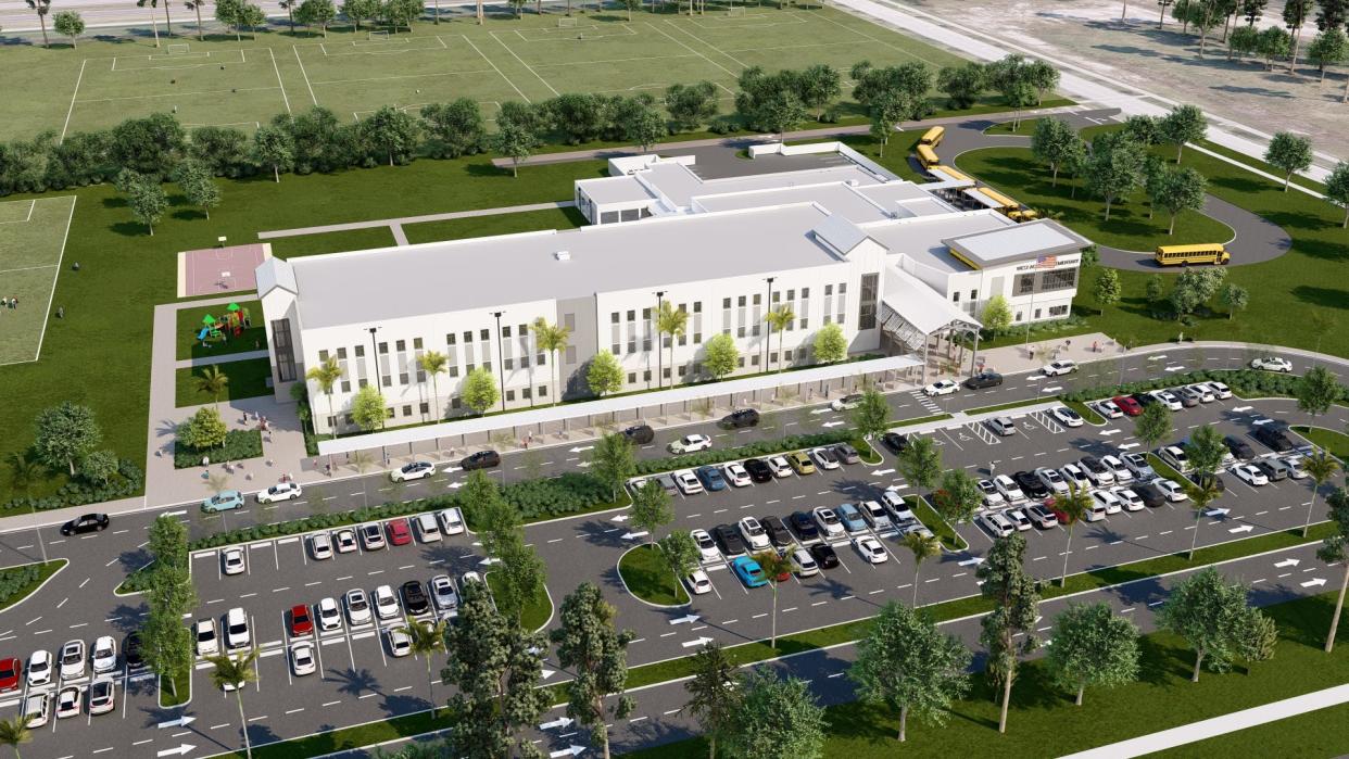 A view of the planned West Acreage elementary school from the north side on Cane Field Trace in the far western part of Palm Beach County. Southern Boulevard is behind the school.