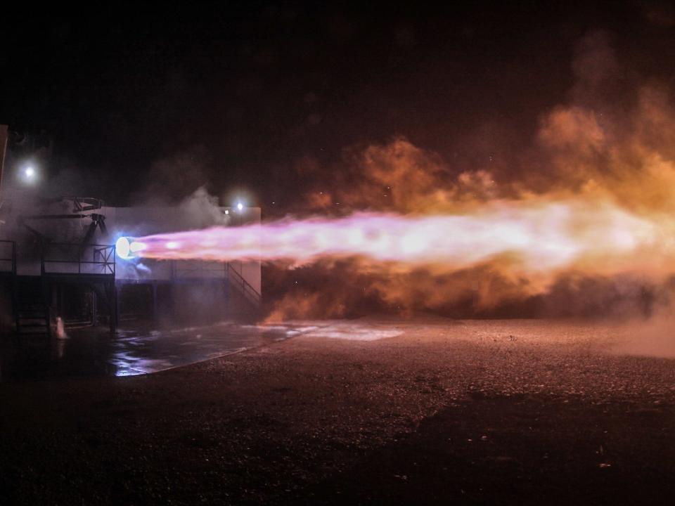 Starship testing its Raptor engine. It's letting off a powerful stream of flames.
