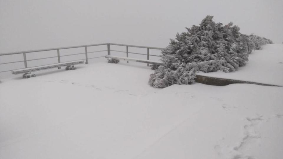 玉山持續下雪中，變成銀白世界。(氣象署提供)