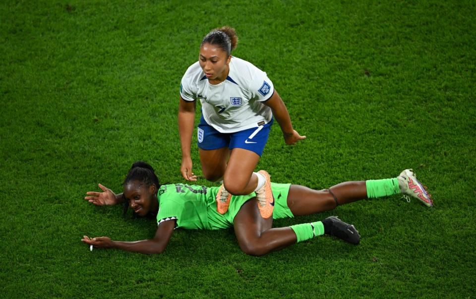 But it was as she gets up that she then puts her boot into the Nigeria player's back