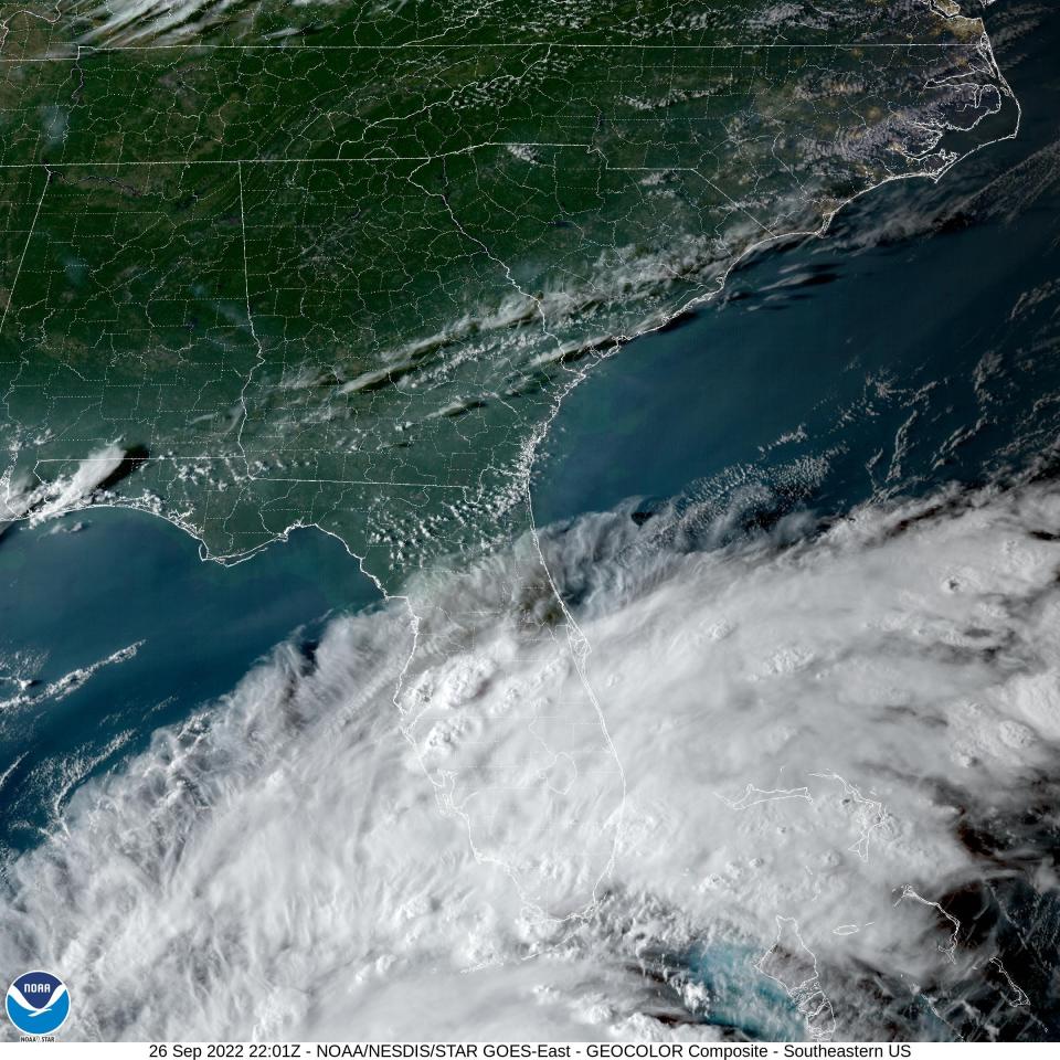 Outer bands of Hurricane Ian approach Florida, as shown in NOAA satellite imagery from Sept. 26, 2022.