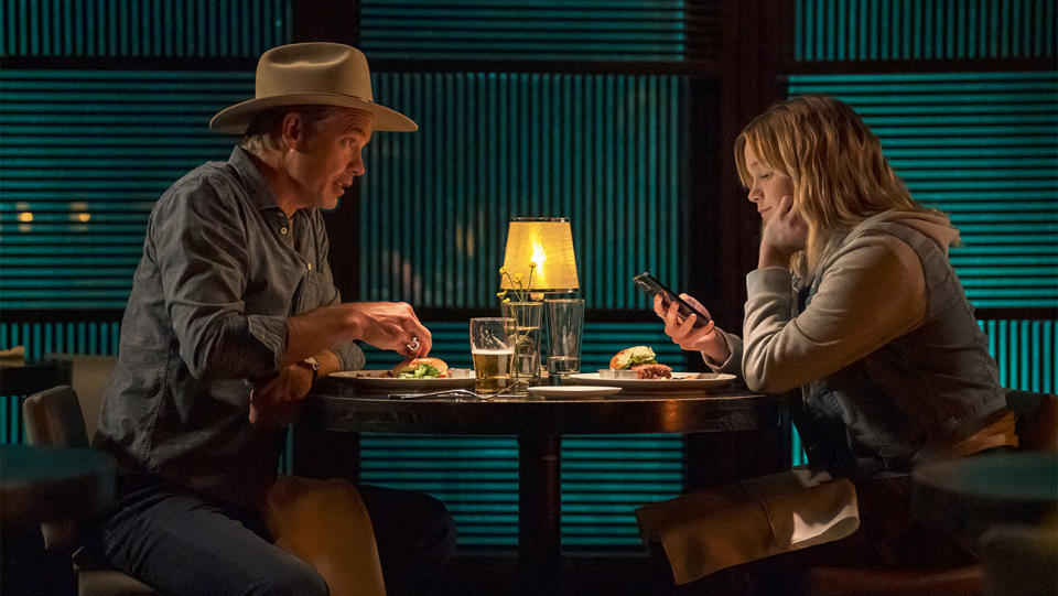 Timothy Olyphant as Raylan Givens and Vivian Olyphant as Willa Givens in Justified: City Primeval.