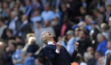 Britain Football Soccer - Arsenal v Manchester City - FA Cup Semi Final - Wembley Stadium - 23/4/17 Arsenal manager Arsene Wenger celebrates after the match Reuters / Toby Melville Livepic