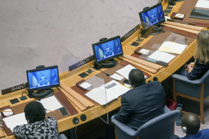Ukrainian President Volodymyr Zelenskyy addresses the Security Council via video link during a meeting on threats to international peace and security, Wednesday, Aug. 24, 2022, at United Nations headquarters. (AP Photo/Mary Altaffer)