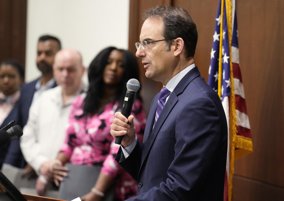 Colorado Attorney General Phil Weiser speaks during a news conference, Friday, June 30, 2023, in Denver, about the U.S. Supreme Court ruling that allows a Colorado Christian graphic artist who wants to design wedding websites to refuse to work with same sex couples. (AP Photo/David Zalubowski)