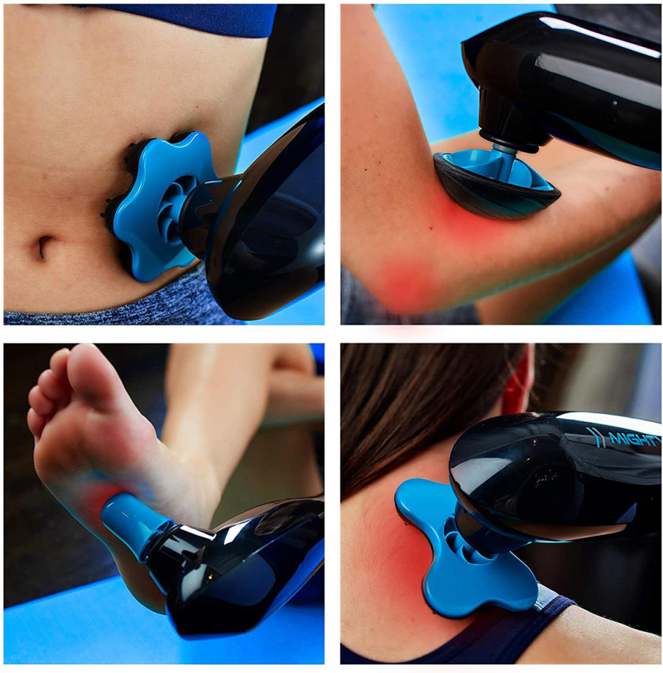 Mighty Bliss massage gun used on arms, legs, neck