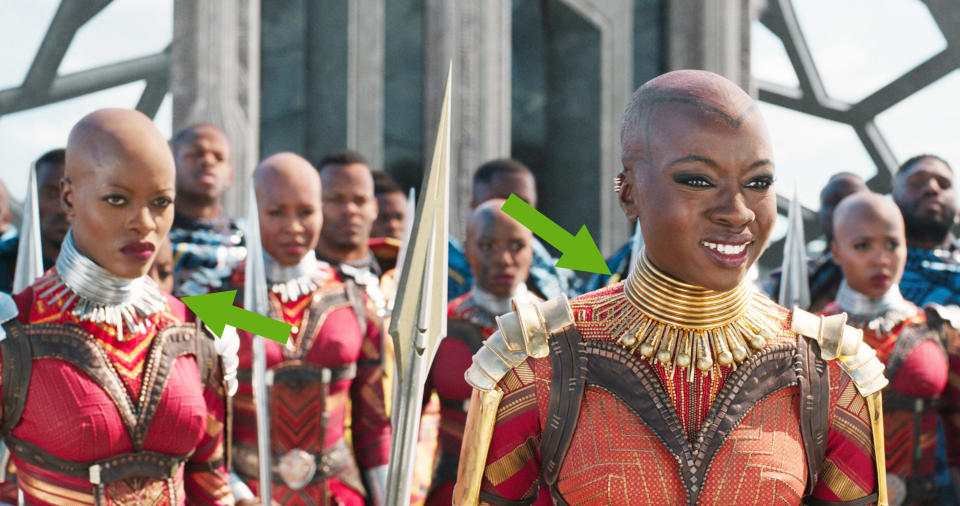 Okoye with the other silver clad warriors