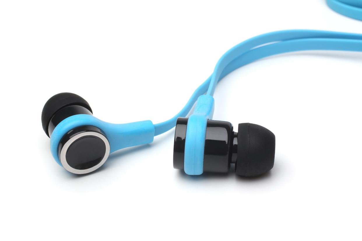 Blue and black earbuds