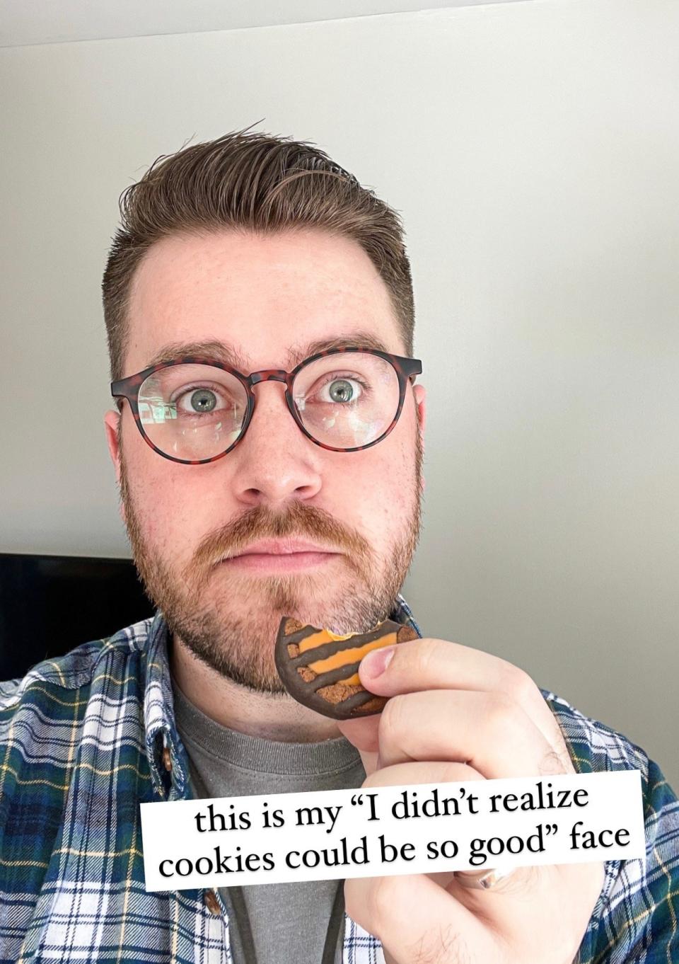 Selfie of author trying the cookie with caption "this is my 'I didn't realize cookies could be so good' face"