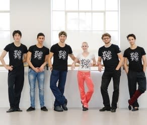 WA Ballet dancers Yusuke Hikichi, left, Alessio Scognamiglio, Jiri Jelinek, Stephani Sahlgren, Aurelien Scanella (artistic director) and Alexandre Dahms. Picture: Iain Gillespie/The West Australian