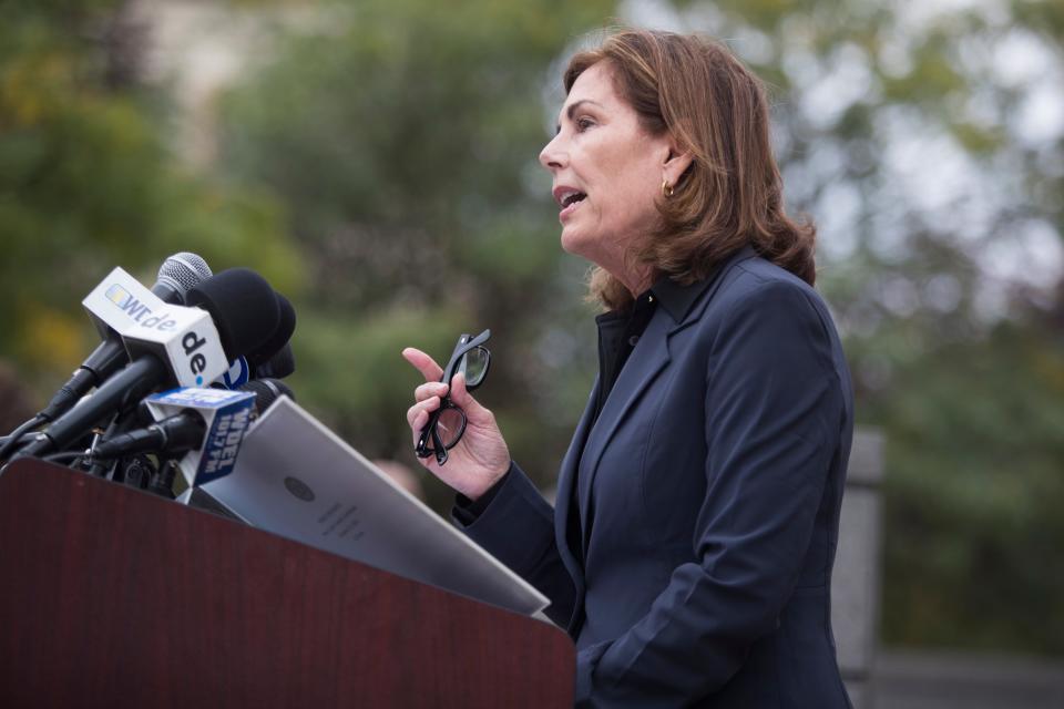 Attorney General Kathy Jennings speaks at a press conference on Monday, Oct. 11, in front of the Leonard L. Williams Justice Center.