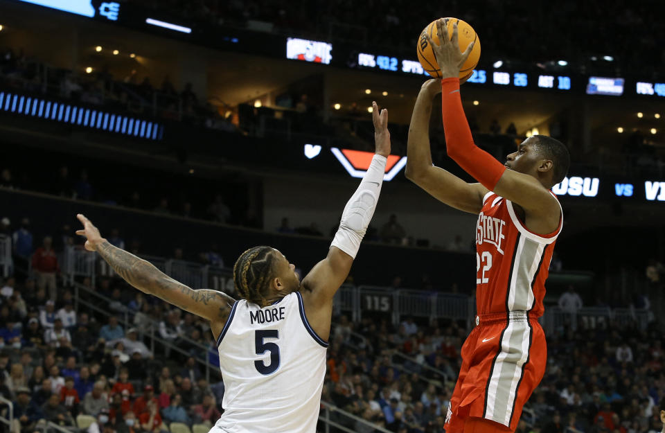 Ohio State guard Malaki Branham shoots the ball against Villanova during the second round of the 2022 NCAA men's tournament on March 20, 2022, in Pittsburgh. (Charles LeClaire/USA TODAY Sports)