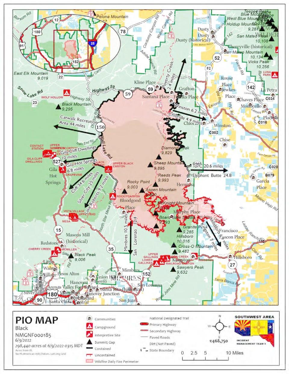 An updated map shows the distance the Black Fire burning in the Gila National Forest is from area towns and communities June 9, 2022.