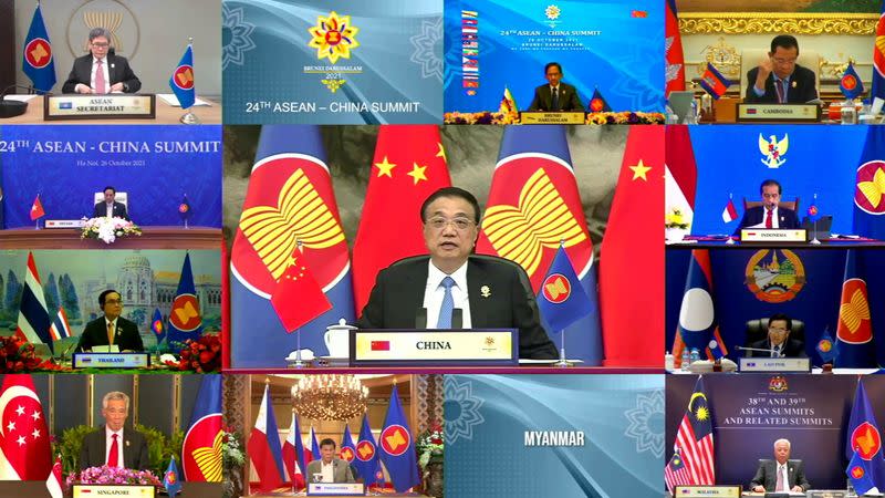 Chinese Premier Li Keqiang speaks during the virtual ASEAN China Summit, hosted by ASEAN Summit Brunei, in Bandar Seri Begawan