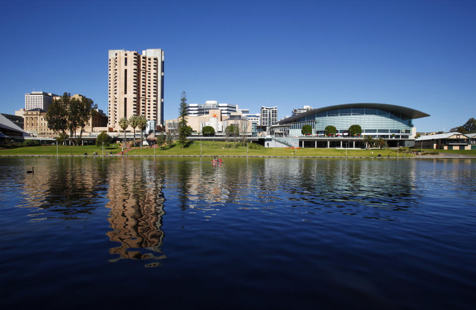Adelaide's skyline is reflected in the&nbsp;River Torrens. The city also had a livability score of 96.6.