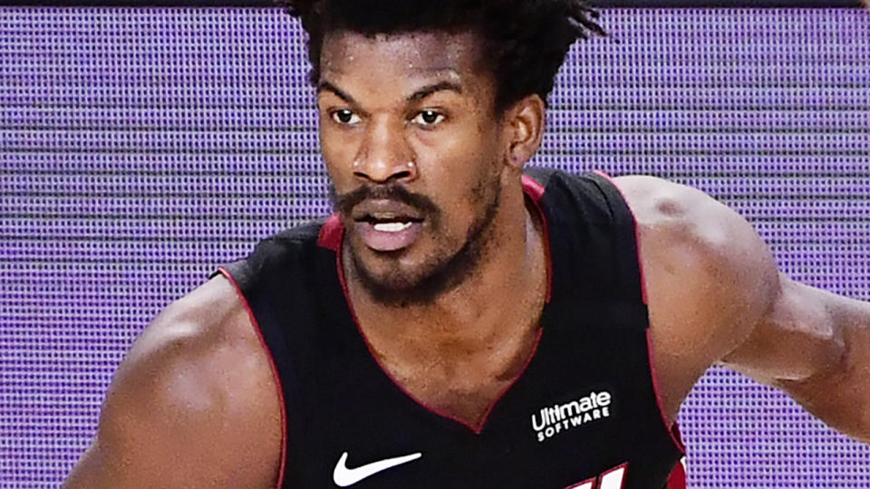 Jimmy Butler is pictured playing for the Miami Heat in game three of the NBA Finals.