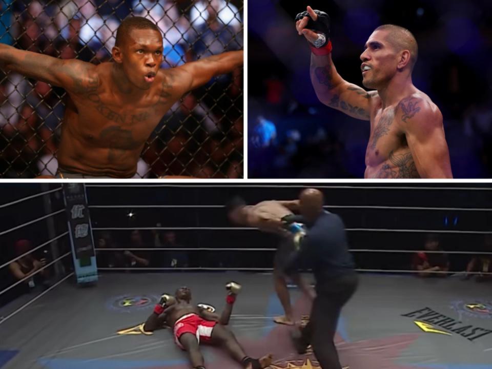 Israel Adesanya (top left) was knocked out by Alex Pereira in a 2017 kickboxing bout  (Getty Images, Glory of Heroes via YouTube)