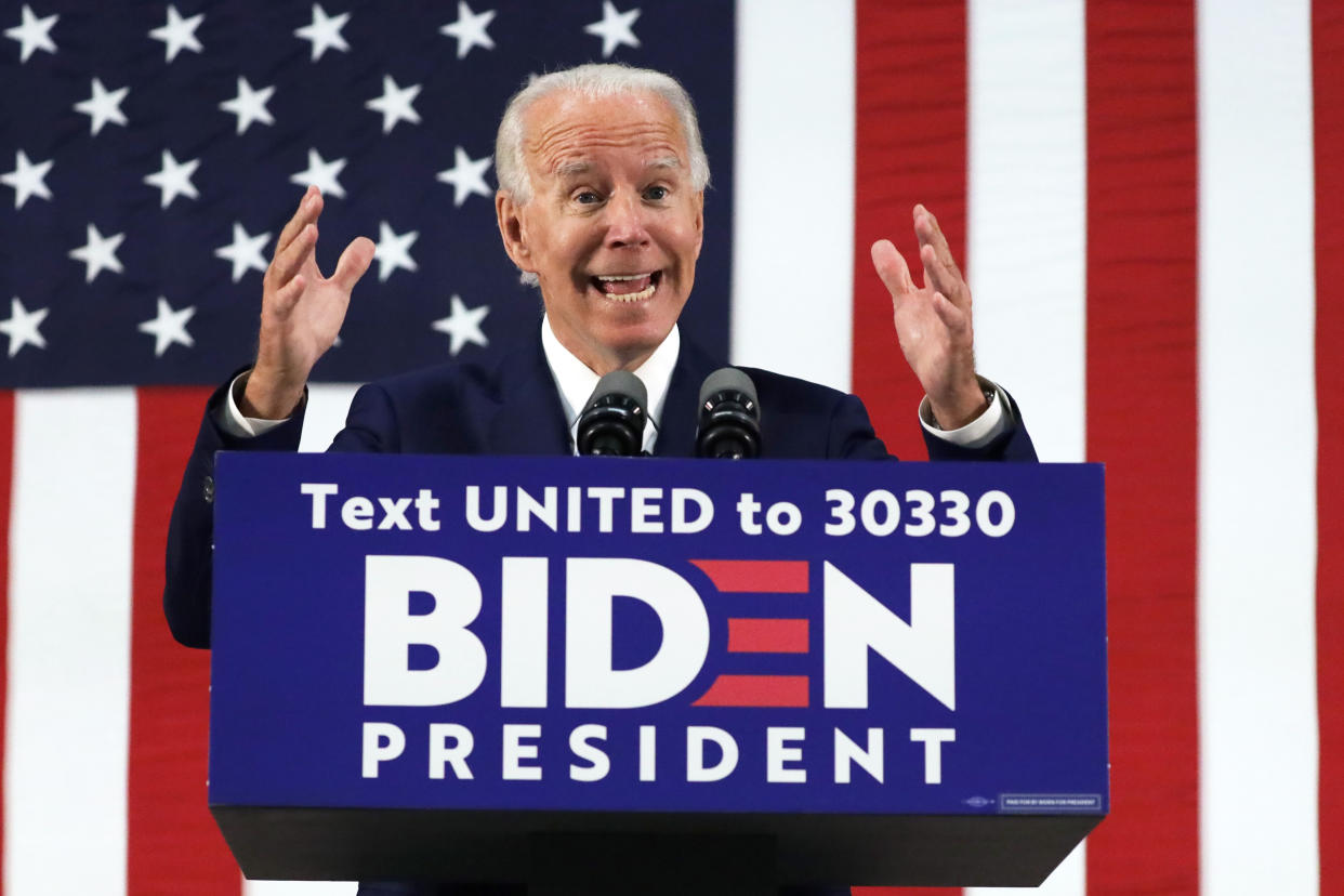 Democratic presidential candidate Joe Biden speaks during a campaign event Tuesday at Alexis I. Dupont High School in Wilmington, Delaware. 