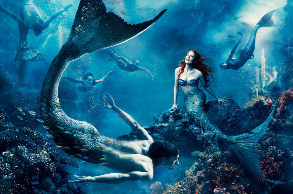 Julianne Moore as Ariel and Michael Phelps as a merman (Credit: Annie Leibovitz/Disney Parks.com)