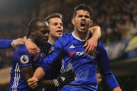 <p>Costa celebrates after opening the scoring for Chelsea </p>