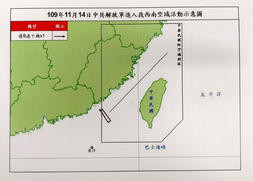 空軍14日發布共機動態，1架運8遠干機上午侵犯台灣西南防空識別區（ADIZ），空軍派遣空中兵力應對、廣播驅離、防空飛彈追監。（國防部提供）