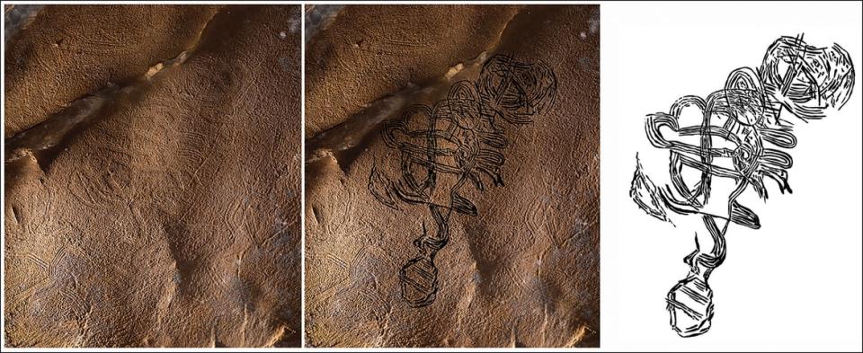 <div class="inline-image__caption"><p>Enigmatic figure of swirling lines, with a round head at one end and a possible rattlesnake tail at the other from 19th Unnamed Cave, Alabama</p></div> <div class="inline-image__credit">via Antiquity Publications Ltd; photograph by S. Alvarez; illustration by J. Simek</div>