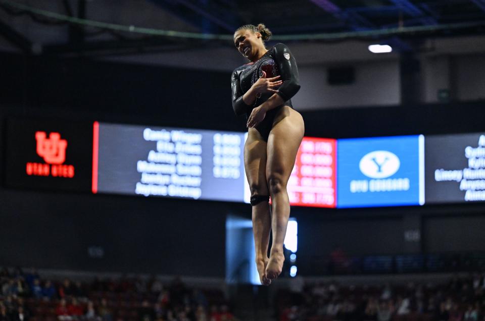 Utah’s Jaedyn Rucker twists and spins in the air during her vault as BYU, Utah, SUU and Utah State meet in the Rio Tinto Best of Utah Gymnastics competition at the Maverick Center in West Valley City on Monday, Jan. 15, 2024. | Scott G Winterton, Deseret News