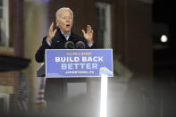 Democratic presidential candidate former Vice President Joe Biden speaks at the Amtrak Johnstown Train Station, Wednesday, Sept. 30, 2020, in Johnstown, Pa. (AP Photo/Andrew Harnik)