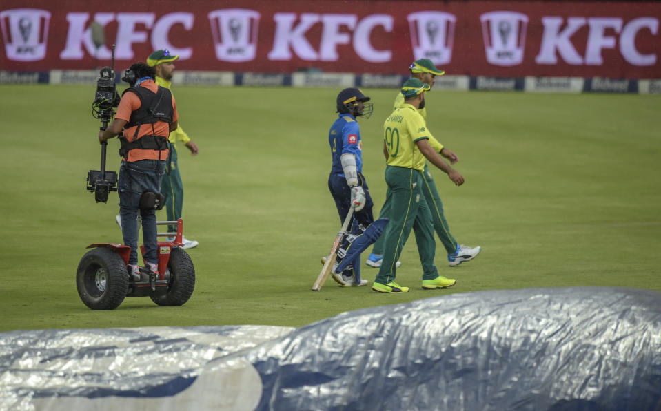 Rain stopped play playing a shot during the T20I match between South Africa and Sri Lanka at Wanderers Stadium in Johannesburg, South Africa, Sunday, March, 24, 2019. (AP Photo/Christiaan Kotze)