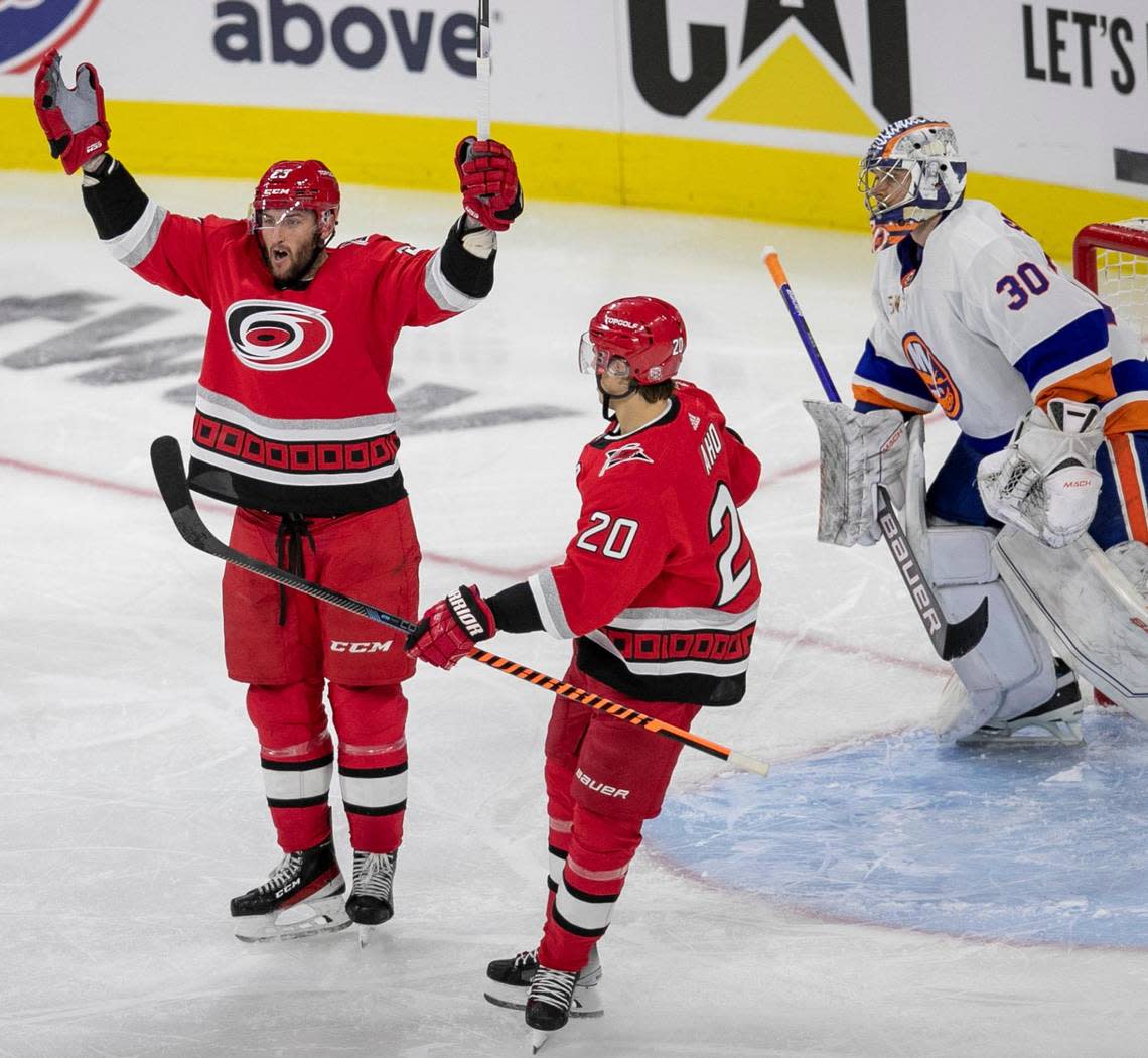 Carolina Hurricanes forward Stefan Noesen (23) reacts after scoring on New York Islanders goalie Ilya Sorokin (30) in the second period on Tuesday, April 17, 2023 at PNC Arena in Raleigh, N.C.