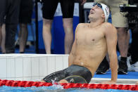 Chase Kalisz, of the United States, reacts after winning the final of the men's 400-meter individual medley at the 2020 Summer Olympics, Sunday, July 25, 2021, in Tokyo, Japan.