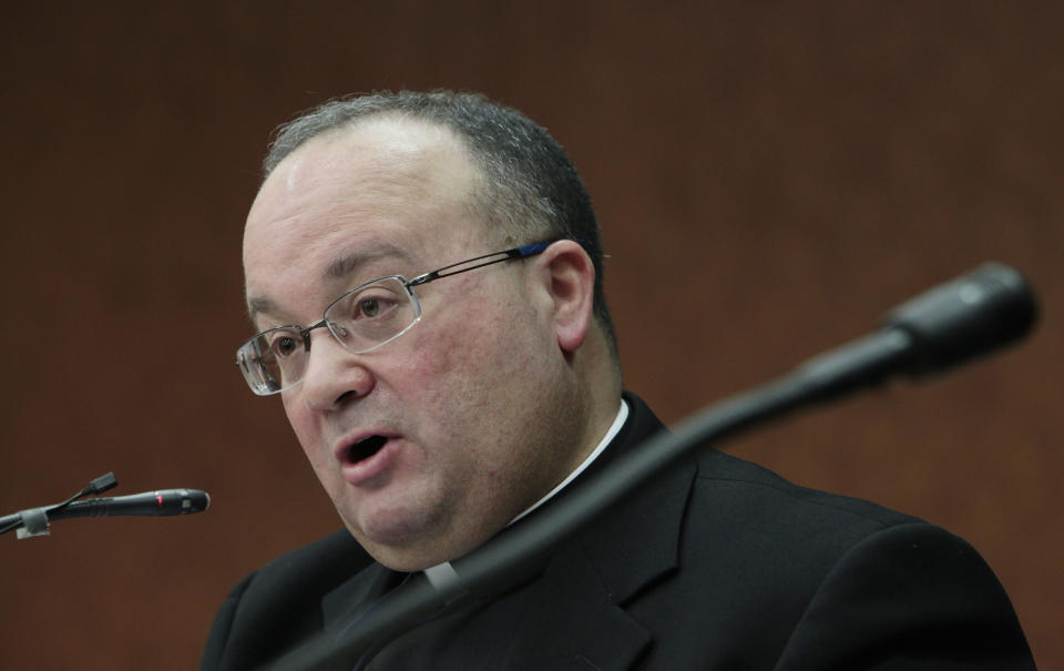 FILE - In this Feb. 8, 2012 file photo Monsignor Charles Scicluna, the Holy See's chief sex crimes prosecutor, meets journalists in Rome. The Holy See on Thursday, Jan. 16, 2014, will be grilled by a U.N. committee in Geneva on its implementation of the U.N. Convention on the Rights of the Child, which among other things calls for signatories to take all appropriate measures to protect children from harm and to put children’s interests above all else. The Vatican will be represented by its most authoritative official on the issue, Scicluna. (AP Photo/Gregorio Borgia, file)