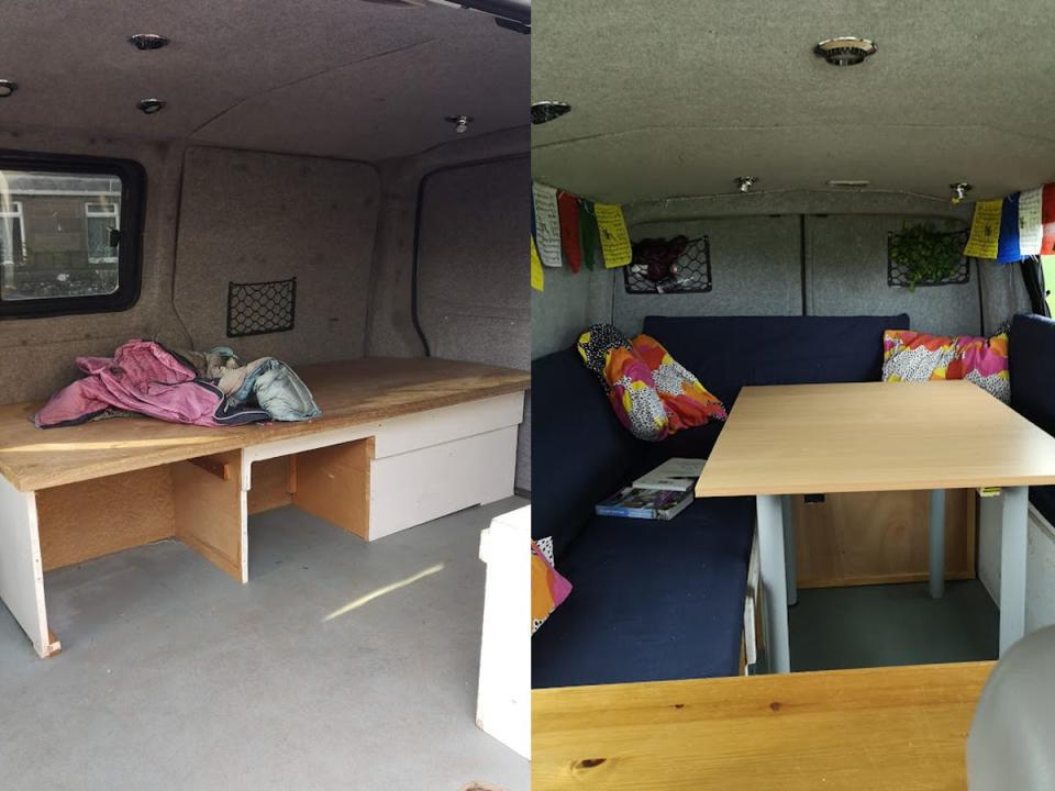 a wooden structure built inside the van next to a photo of a navy couch area and a raised wooden table in the van