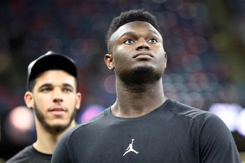 Zion Williamson (front) and Lonzo Ball of the New Orleans Pelicans (Photo by Chris Graythen/Getty Images)